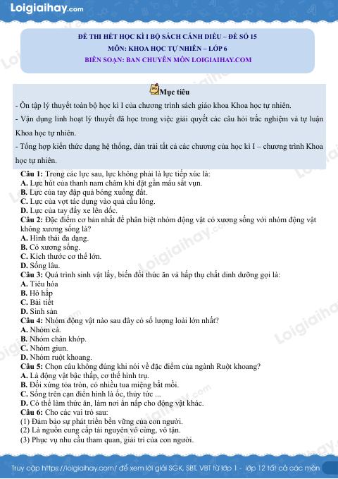 Đề thi học kì 1 KHTN 6 Cánh diều - Đề số 15